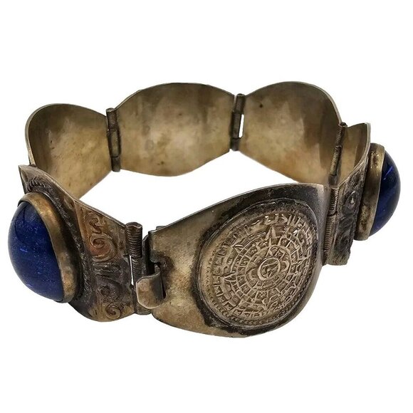 Vintage Made in Mexico 925 Sterling Lapis Stone Aztec Mayan Calendar Bracelet - Picture 2 of 12